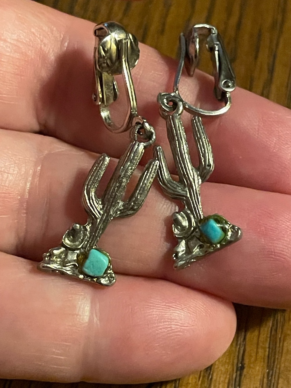 Saguaro Cactus Clip-On Earrings with Turquoise Accent